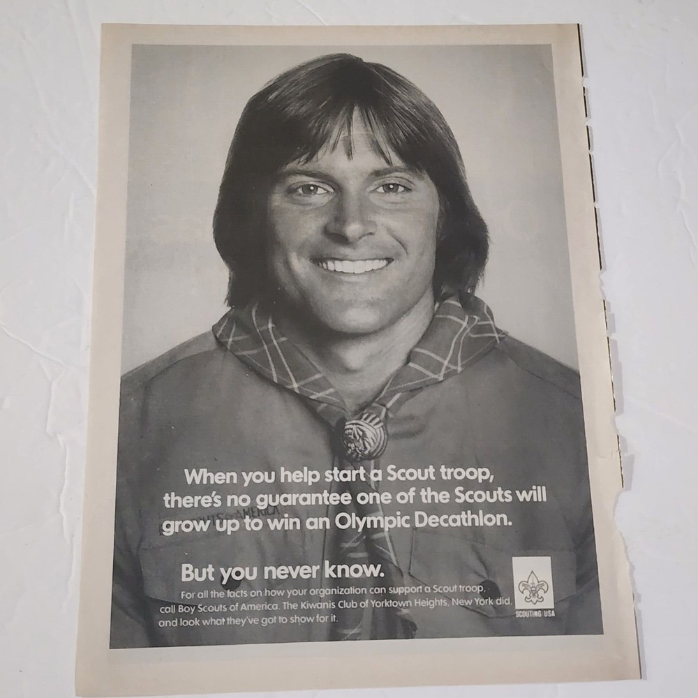 Vintage Print Ad Bruce Jenner Boy Scouts Olympic Decathlon B&W 1980s clipping